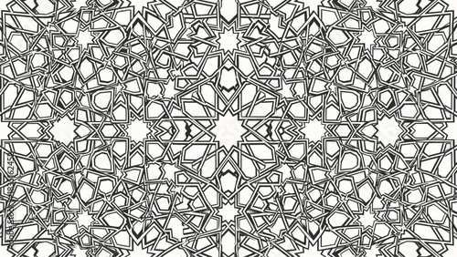 Intricate geometric pattern with star and polygon shapes in black and white repetitive design