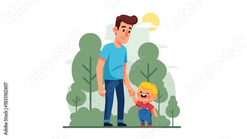 Happy dad holding his little boy's hand while taking a walk outdoors in nature with green trees and sunshine