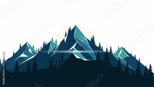Majestic mountain range with vibrant blue hues and lush forest silhouette.