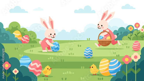 Joyful Easter Bunny Egg Hunt in a Vibrant Spring Meadow, Adorable Chicks and Colorful Eggs Hidden Among Blooming Flowers, Celebrating the Festive Season