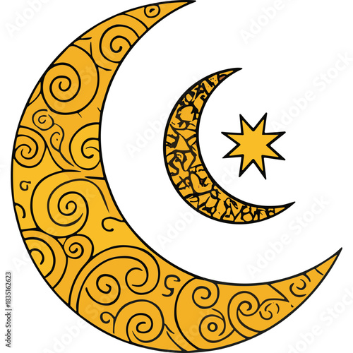 Stylized Golden Crescent Moons And Star With Intricate Swirl Patterns On A Black Background Islamic Cultural Symbolism