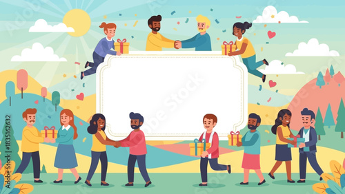 A vibrant illustration of a diverse community sharing gifts and celebrating together under a sunny sky with a banner