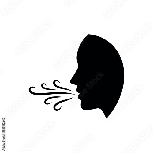 Human head profile exhaling air vector icon.