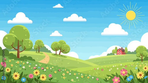 Idyllic Spring Landscape with Rolling Green Hills, Colorful Wildflowers, and a Charming Rural Home Under a Sunny Sky Illustration