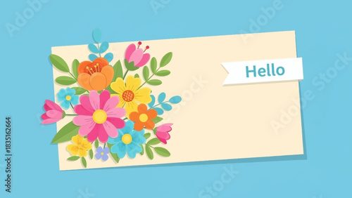 Hello greeting card with floral design featuring colorful flowers and a simple "Hello" text