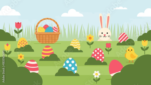 Easter Egg Hunt with Bunny, Chick, basket of easter eggs in a Field with Tulips