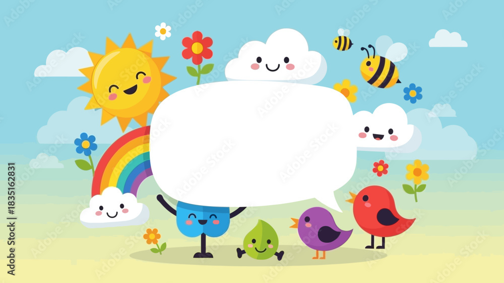 Fototapeta premium Cheerful nature scene illustration with happy sun, rainbow, clouds, and friendly animals encircling a blank speech bubble, ideal for your custom text