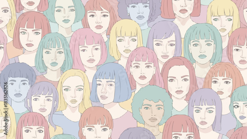 Diverse group of women with various hairstyles and expressions, a collective portrait.