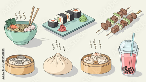 Isometric collection of various delicious Asian food dishes.