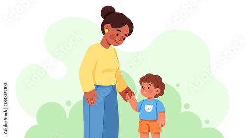 An affectionate mother holding her young son's hand, a tender illustration of family love, care, and support