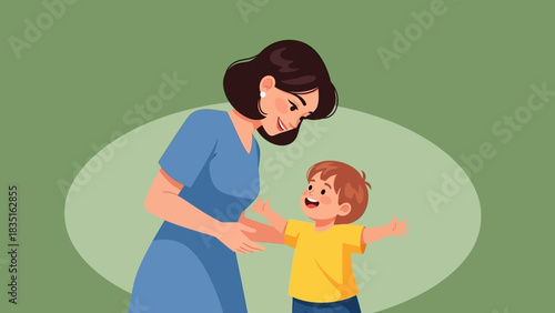 Illustration of a mother embracing her cheerful son with open arms in a warm and loving gesture