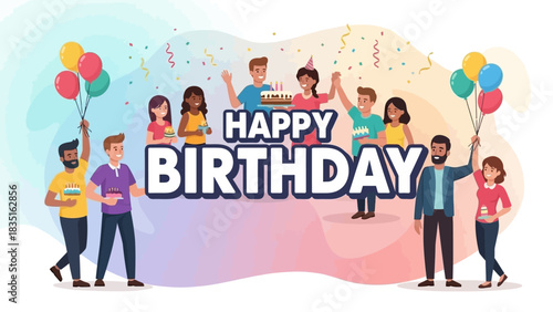 Happy people celebrating a birthday party with friends holding a cake and balloons. A festive vector illustration concept for greeting cards and invitations