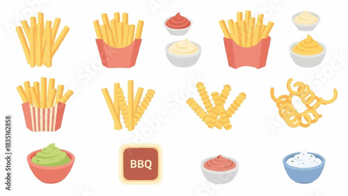 Collection of Delicious French Fries and Sauces.