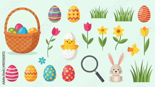 Collection of Colorful Easter Elements Basket, Eggs, Flowers, Bunny