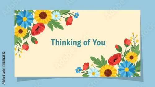 Thinking of You Floral Greeting with Poppies, Sunflowers, and Daisies on a Cream Background