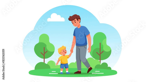 Father and son walking in the park enjoying a sunny day, holding hands together
