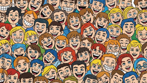 A large crowd of diverse cartoon people laughing together joyfully.