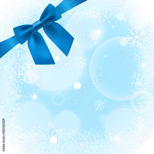 Festive Card with Blue Bow, Christmas Background, Holiday Decoration, Snowflakes, Glowing Stars and Bokeh, Vector