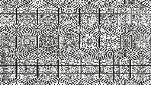 Intricate black and white seamless pattern featuring hexagons and floral elements that are