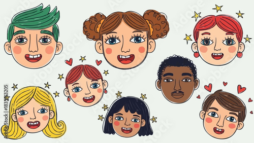A diverse collection of happy smiling childrens faces in a cartoon style.