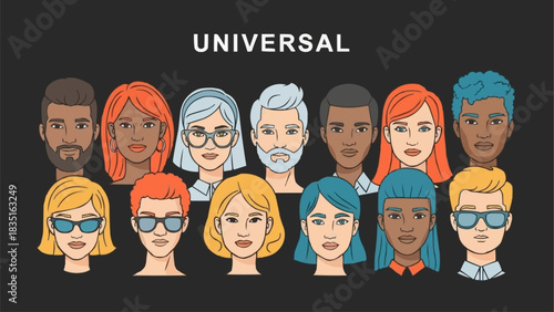 Diverse group of people portraits representing universal human faces and expressions.
