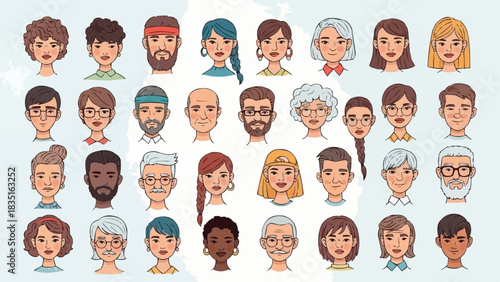 Diverse Group of Cartoon Avatars Representing Various Ages and Ethnicities.