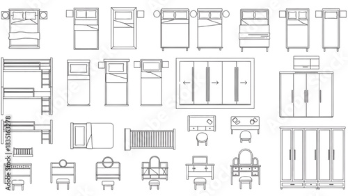 Architectural Top View Bedroom Furniture Plan Symbols: Beds, Wardrobes, and Tables Icon Set