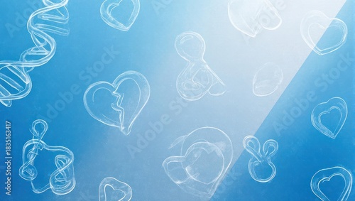 Abstract Blue Background with DNA and Heart Symbols.