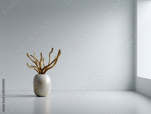 An empty white space with a solitary gold sculpture.