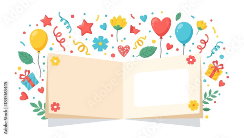 Open scrapbook album with festive decorations for a birthday or holiday celebration. Vector greeting card template with copy space
