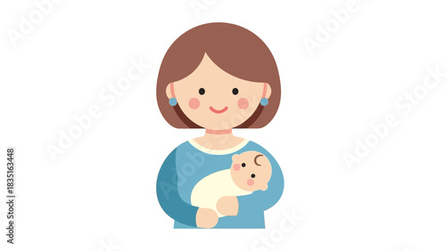 A heartwarming flat illustration of a loving mother gently holding her newborn baby, symbolizing maternity and family care