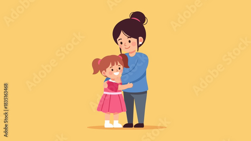 A loving mother warmly embraces her happy little daughter, a beautiful cartoon illustration of family affection and care