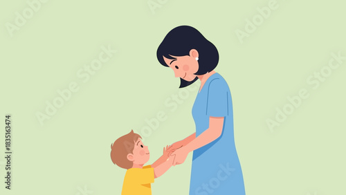 Gentle illustration of a loving mother tenderly holding her young son's hands, symbolizing their special family bond and the warmth of maternal care