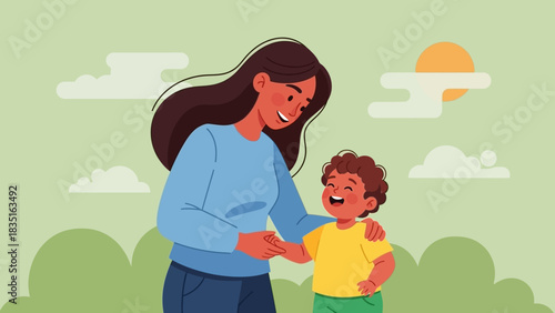 Mother and child embracing, a heartwarming scene of maternal love and joy in nature