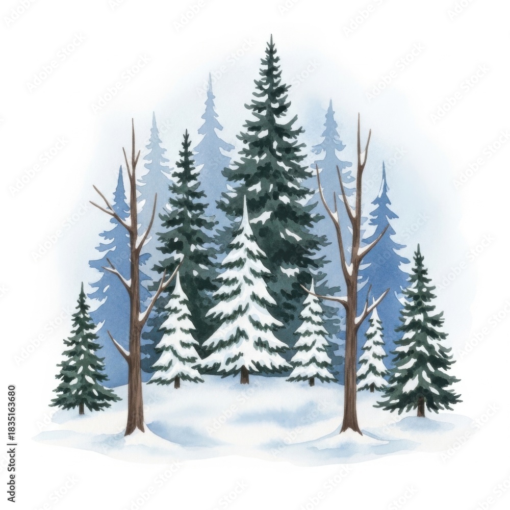 Obraz premium Watercolor Winter Forest Scene: Evergreen Trees and Snow-covered Landscape Illustration