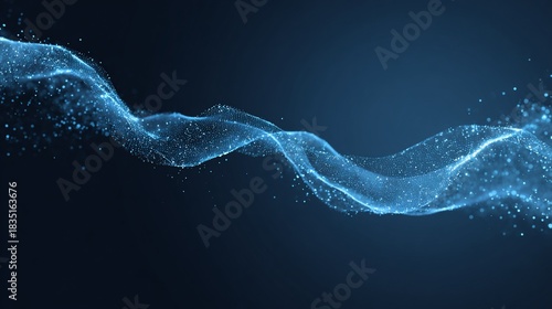 Abstract blue wave of particles floating across dark background, creating dynamic effect, usable for data visualization