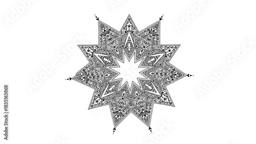 Intricate Ornamentation: An Elaborate Starburst Design with Floral Elements in Black and White