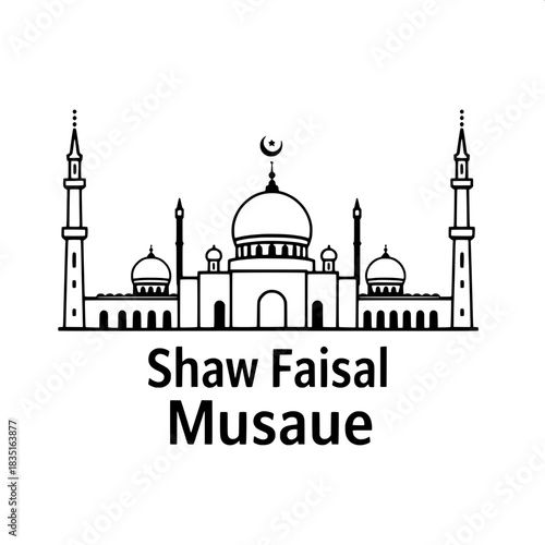 Minimalist black-stroke rendering of Shah Faisal Mosque with clean geometry and four tall minarets, a large star and crescent symbol on top of the main dome, bold uppercase text in a modern sans-serif