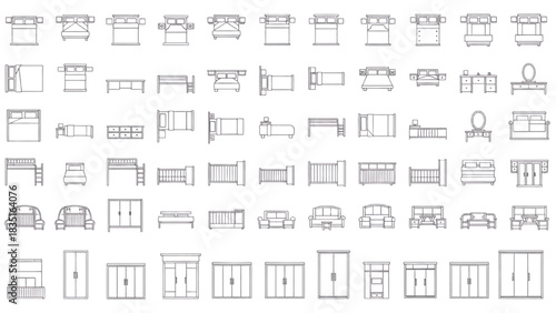 Architectural Top View Bedroom Furniture Plan Symbols: Beds, Wardrobes, and Tables Icon Set
