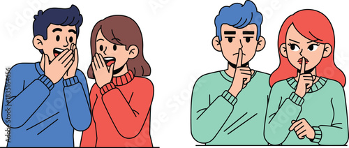 Cartoon people whispering and shushing with expressive faces, showing secret sharing and silence gestures for communication and social themes.