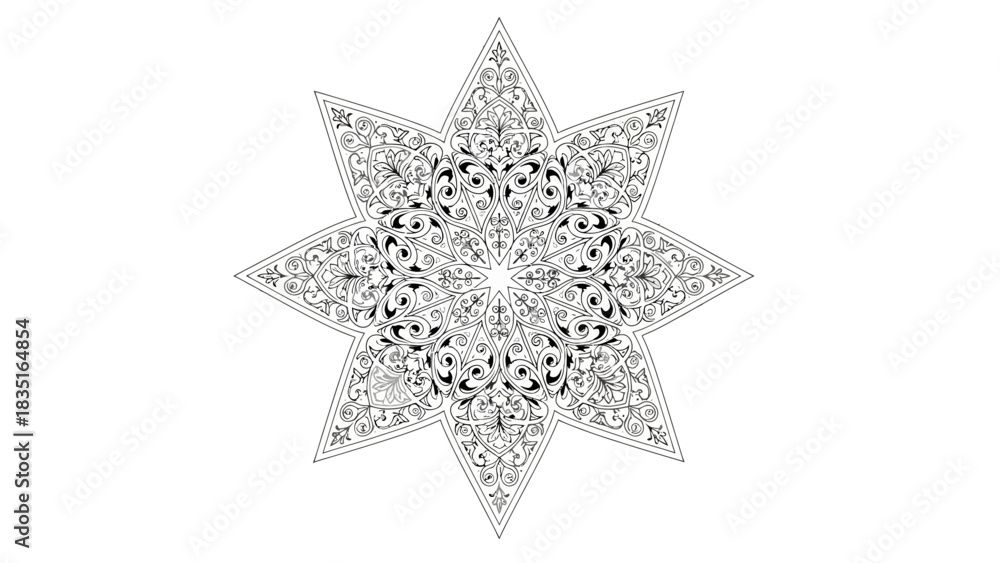 Obraz premium Intricate floral star pattern with vintage design elements in black and white, perfect for