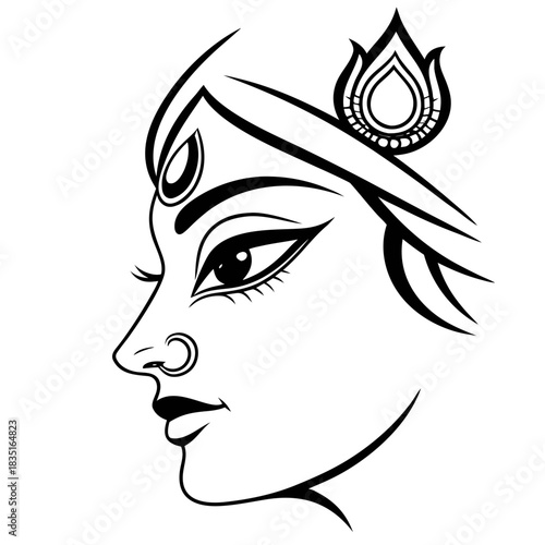 a black-and-white line art illustration depicting the profile of a female face, strongly suggestive of a Hindu goddess, likely Durga or a similar deity, based on the file name and artistic style.