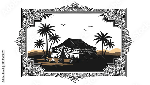 Arabian desert scene with nomadic tent palm trees and traditional ornamented frame