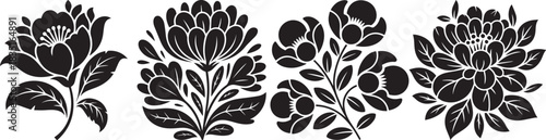 “Black floral decorative elements with detailed leaves and flowers for modern design use.”