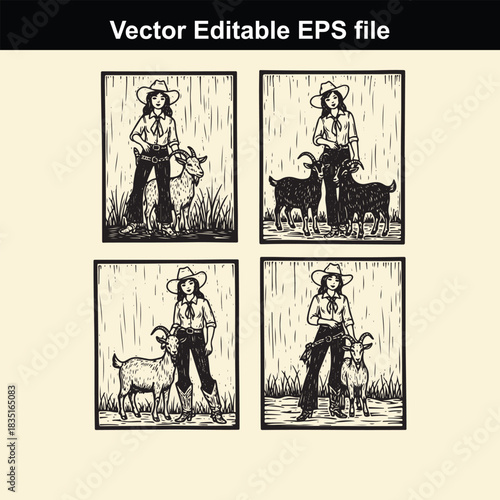 four panel woodcut style illustration of a cowgirl standing with goats, featuring a vector editable eps file banner at the top for design flexibility