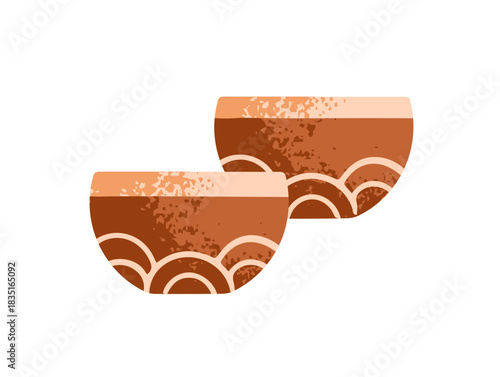 Icon of two piyalas. Ceramic bowls for drinking tea. Cups for matcha and Chinese herbal beverages. Pottery Asian mugs, teacups to brew herbs. Flat isolated vector illustration on white background.