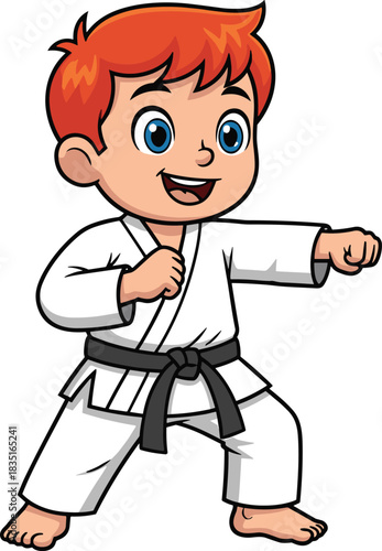 Cheerful red-haired child in martial arts pose wearing white gi and black belt practicing karate punch with confident expression