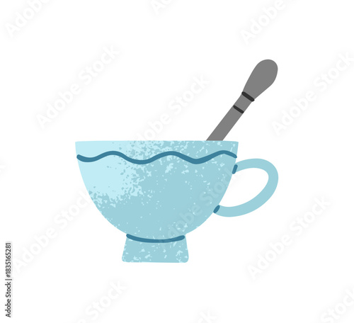 Blue porcelain cup of tea with teaspoon. Ceramic mug of coffee with spoon. Elegant pottery teacup of water or herbal drink, hot beverage. Flat isolated vector illustration on white background
