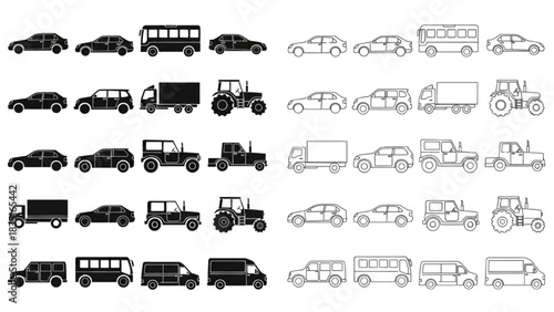 Transportation Vehicle Icon Set with Cars, Buses, and Vans in Solid Silhouette and Linear Outline Styles