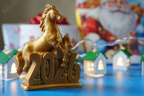 A horse figurine with the number 2026 and a luminous garland.